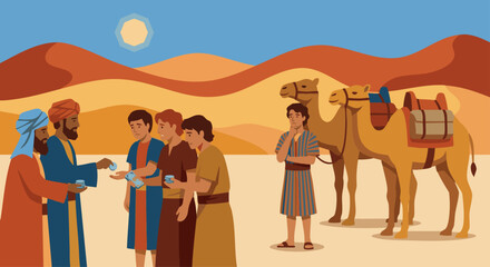 Fototapeta premium Simplified Desert Setting Bible story Joseph standing beside traders’ camels while his brothers exchange silver, flat vector forms with simple shading,
