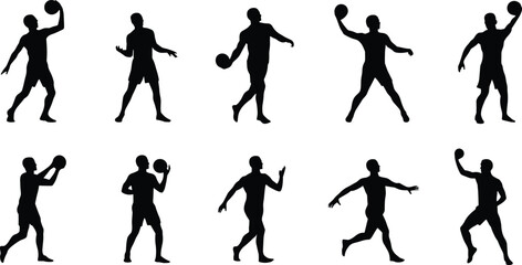 Ten black silhouettes of male athletes playing handball on a white background sports