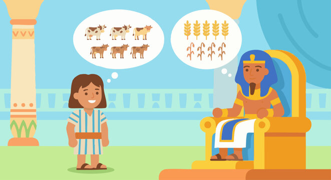 Joseph Interpreting Pharaoh&rsquo;s Dreams
Bible story
Joseph standing before a friendly Pharaoh on a simple flat vector throne, dream symbols of cows and grain shown in soft bubble icons,