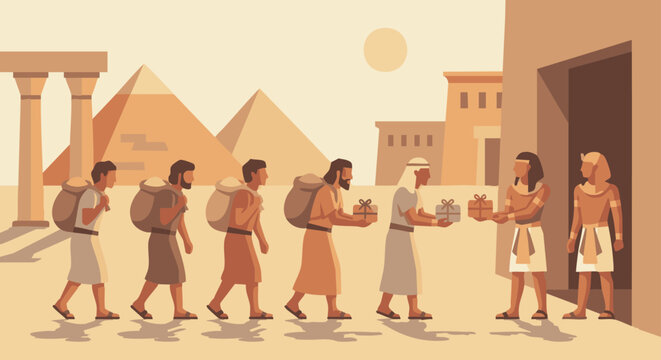 The Brothers&rsquo; Second Return to Egypt
Bible story
Joseph&rsquo;s brothers entering Egypt with grain sacks and gifts, clean flat vector figures,