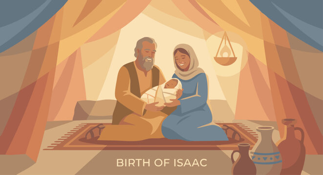 Birth of Isaac
Bible story
Abraham and Sarah smiling as they hold baby Isaac wrapped in simplified flat cloth, warm light filling the tent, geometric draped shapes
