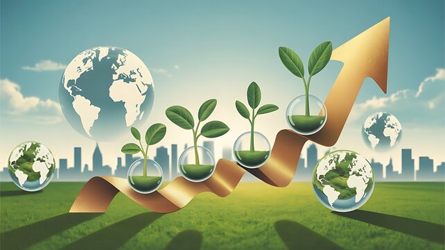 Golden arrow graph with growing plants and globes over city skyline growth seedling