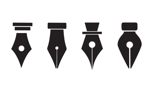Set of four black silhouette icons of fountain pen nibs