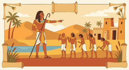 Joseph Sending for His Father
Bible story
Joseph giving instructions to his servants to bring Jacob to Egypt, flat vector figures arranged in clear hierarchy