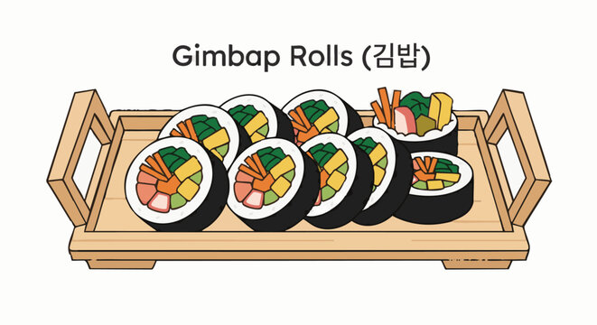 Gimbap Rolls (김밥)

A flat vector illustration of sliced gimbap rolls with colorful fillings&mdash;carrot, spinach, egg, crab stick