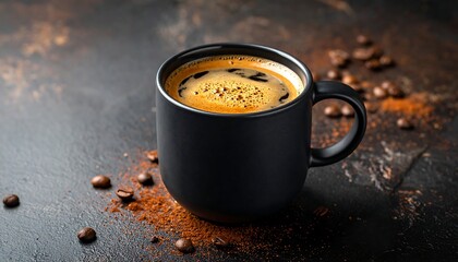 A cup of dark, foamy coffee rests on a textured brown surface with scattered coffee beans