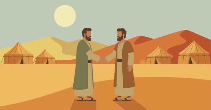 Jacob and Laban&rsquo;s Agreement

Jacob and Laban standing face-to-face shaking hands, geometric silhouettes, stylized tents and hills in background, 