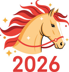 A horse head with a red mane and red 2026 below featuring gold star shapes