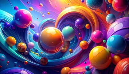 Abstract swirls and colorful orbs blend in dynamic composition, creating a vibrant, futuristic, and flowing visual experience