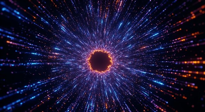 Abstract visualization of a cosmic wormhole or hyperspace tunnel with glowing blue and orange particles streaking towards a dark central singularity.