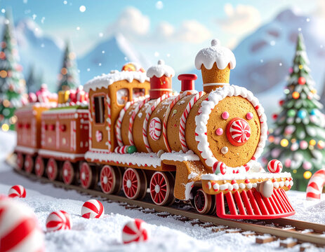 Gingerbread Christmas train in candy cane land, sweet fantasy kids illustration, generated ai