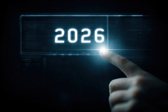 Digital futuristic start interface with the year 2026 displayed and a cursor clicking the glowing button