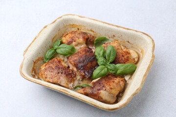 Tasty cooked chicken thighs with basil in baking dish on light grey table, closeup