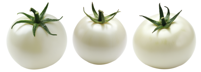 White tomato with a green stem isolated on white transparent background. Unique and rare vegetable concept, symbolizing genetic modification or rarity