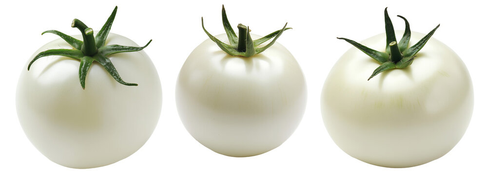 White tomato with a green stem isolated on white transparent background. Unique and rare vegetable concept, symbolizing genetic modification or rarity