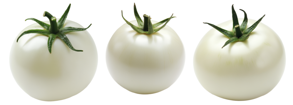 White tomato with a green stem isolated on white transparent background. Unique and rare vegetable concept, symbolizing genetic modification or rarity