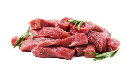 Pieces of raw beef meat and rosemary isolated on white