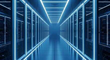 A futuristic digital data center hallway with glowing blue neon lights and server racks stretching into the distance.