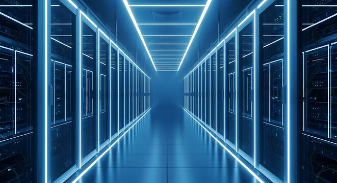 A futuristic digital data center hallway with glowing blue neon lights and server racks stretching into the distance. - Powered by Adobe