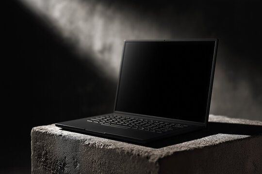 Modern dark laptop staged on textured stone with cinematic lighting