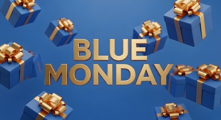 Blue Monday gold text surrounded by blue gift boxes with gold ribbons presents blue background
