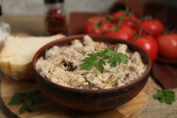 Tasty beef Stroganoff with parsley served on table, closeup