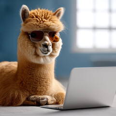 Naklejka premium Bright yellow alpaca with sunglasses using laptop, modern interior, playful mood, creative workspace, digital lifestyle
