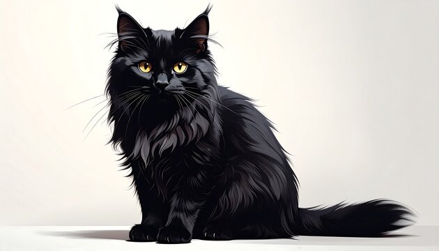 A fluffy black cat with bright yellow eyes sits against a simple cream background in a digital illustration - Powered by Adobe