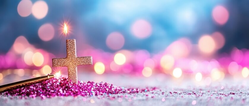 A glittering gold cross rests on pink glitter, illuminated by a soft light, suggesting hope and faith. Horizontal banner with copy space for text, poster, free space - Powered by Adobe