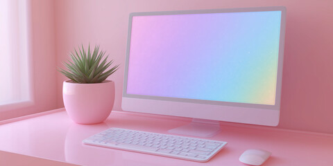 Pastel Pink Office Setup with Computer Monitor Displaying a Vibrant Gradient Wallpaper and Succulent Plant on a Glossy Desk
