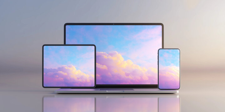 Responsive Design Mockup of Laptop, Tablet, and Smartphone Displaying Vibrant Sunset Clouds