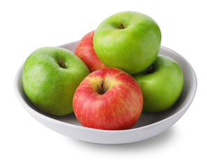 Red and green ripe apples in bowl isolated on white