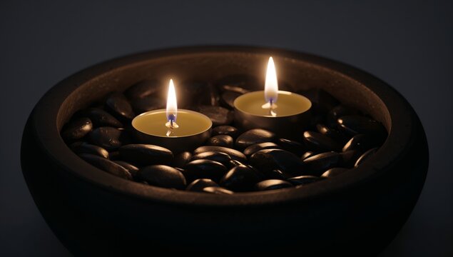 Two lit tea light candles in a bowl of dark stones for spa and calm. - Powered by Adobe