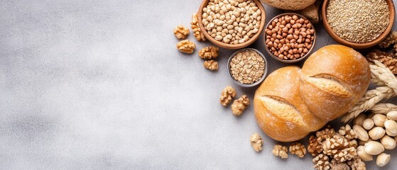 A top view of various grains, nuts, seeds and bread arranged on a gray surface. Horizontal banner with copy space for text, poster, free space