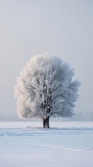 Beautiful isolated tree covered entirely with heavy snow