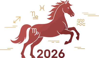 A horse leaps surrounded by zodiac symbols above 2026