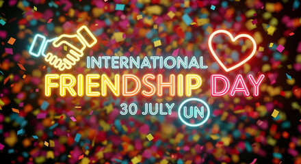 International Friendship Day: Neon Hands and Heart with Confetti Celebrating Global Unity, Love, and UN Recognition on July 30