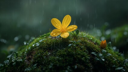 Close-up of a yellow flower with raindrops on moss in a forest