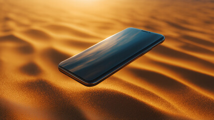Sleek mobile device suspended above sun-drenched desert dunes