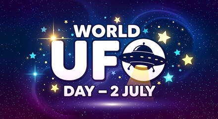 World UFO Day: Cosmic Celebration with Flying Saucer, Stars, and Swirling Lights Honoring the Mystery of Extraterrestrial Life