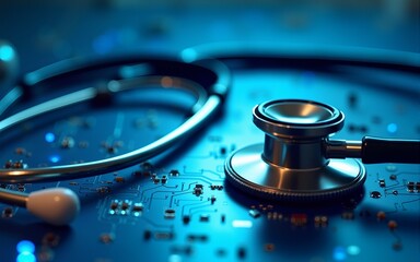 Stethoscope rests on blue digital circuit board telemedicine. Image highlights engineering, health care innovation, future of remote medical diagnosis, virtual connectivity. Represents modern