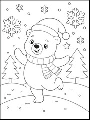 Winter Holiday Scene for Kids. Cute Christmas Bear in Snowy Forest Coloring Page. Happy   Animal Dancing in the Snow