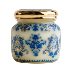 Ornate jar, off-white with blue & gold floral patterns, metallic gold lid