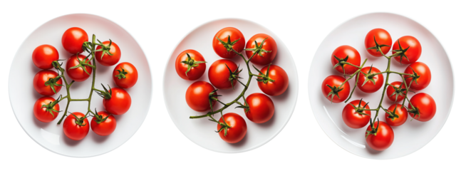 Ripe red cherry tomatoes on the vine placed on white plate against isolated on transparent background. Concept of fresh organic vegetables and healthy eating