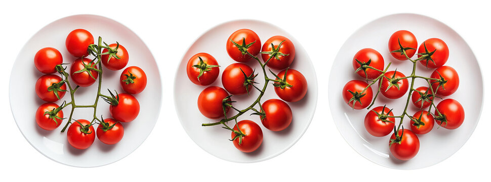 Ripe red cherry tomatoes on the vine placed on white plate against isolated on transparent background. Concept of fresh organic vegetables and healthy eating