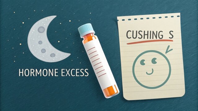 Illustration of cortisol vial beside moon icon representing Cushings Syndrome