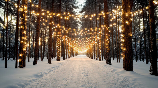 Snow pathway through pine forest lit by warm string lights, serene winter evening glow