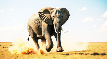African elephant with big tusks and large ears at sunset in the field for a wildlife safari image
