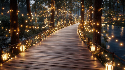 Enchanted lantern forest pathway wooden boardwalk string light glow lakeside night