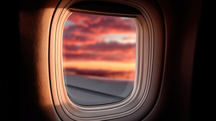 Airplane window sunset view with vibrant clouds, warm light, and peaceful sky, creating tranquil travel atmosphere